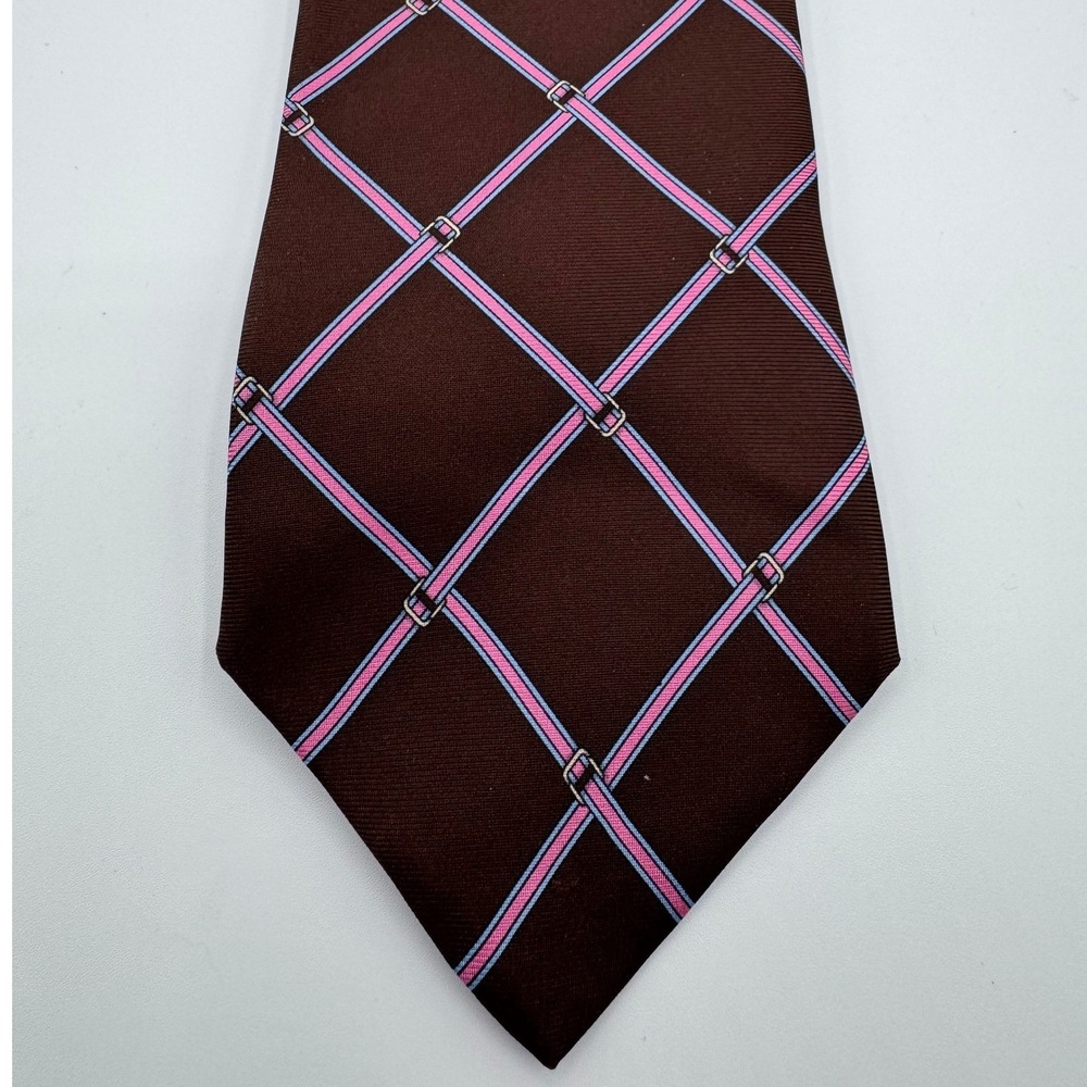 Brooks‎ Brothers Makers Silk Tie Brown Pink Blue Belt Buckle Equestrian Pattern - Picture 5 of 6